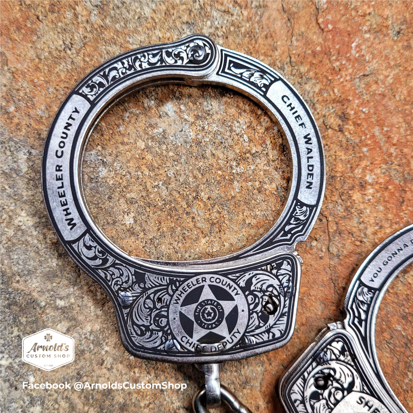 Double Banner Text & CUSTOM EMBLEM / BADGE / PATCH, Custom Engraved Handcuffs