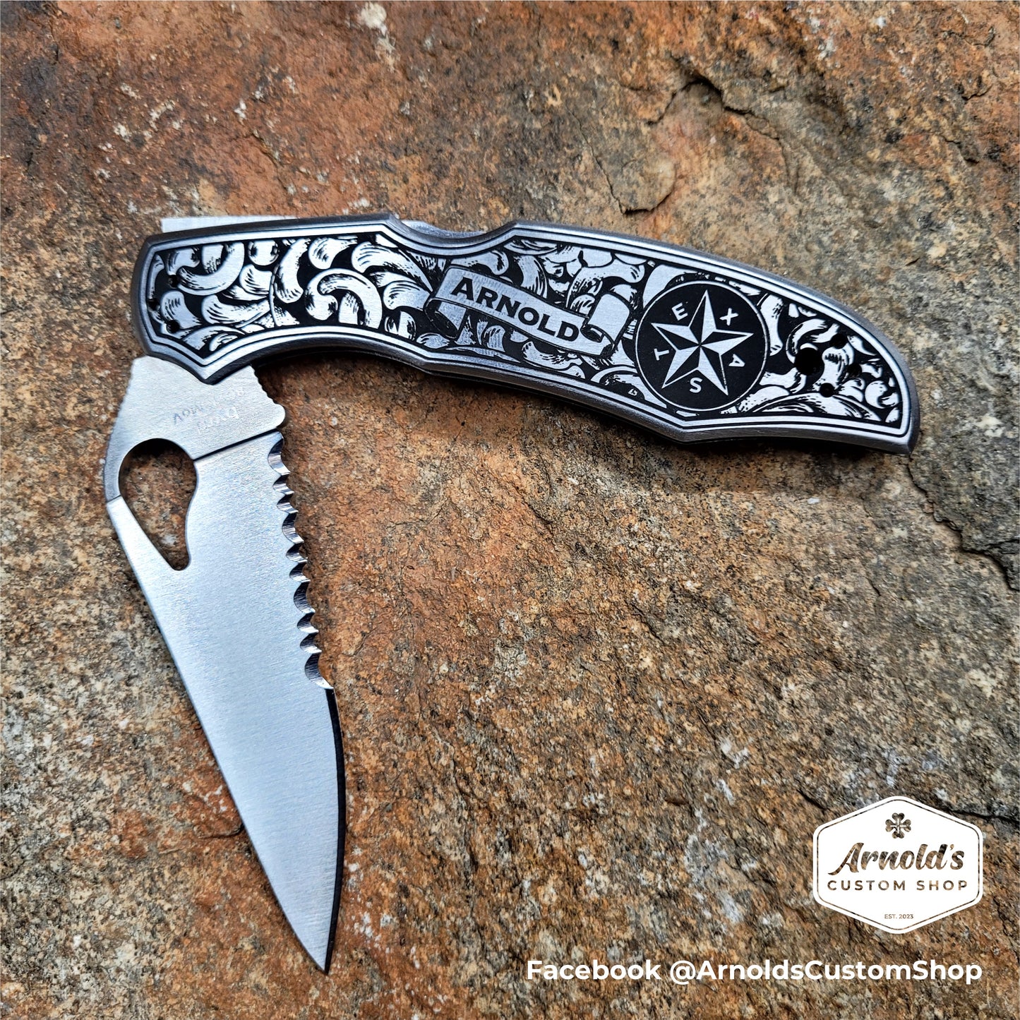 CUSTOM NAME in Banner with CUSTOM BADGE / PATCH / EMBLEM, Custom Engraved Folding Knife